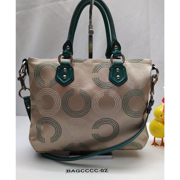 Coach Signature Brown Canvas Teal Leather Trim Zipper Satchel Crossbody Bag - Picture 2 of 14